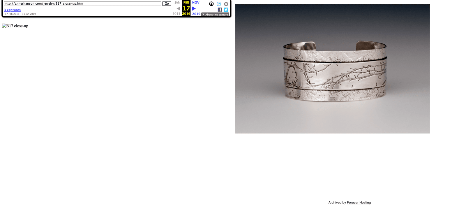 The B17 close-up page: the Wayback capture with its photograph missing beside the same page whole in our archive